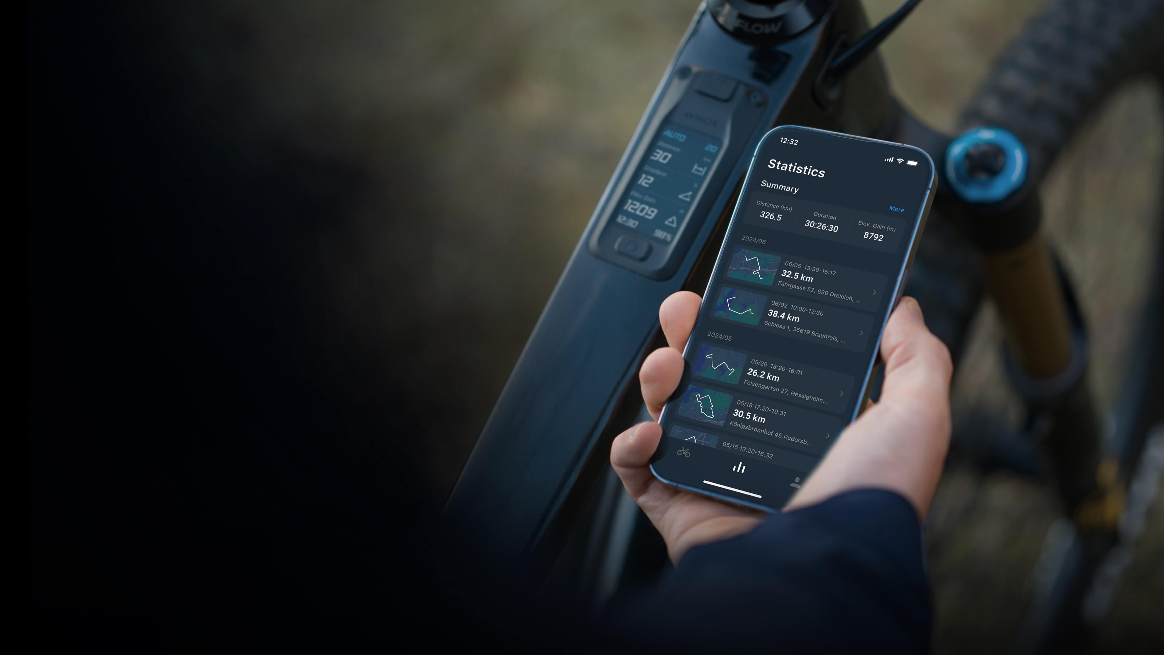 With the Control Display or the Avinox Ride app, riders can review a rich array of data like speeds, range, cadence, power, torque, gradient, altitude, calories burned, ride times, heart rate, <sup>[13]</sup> and more. This data can also be easily synced with Strava.