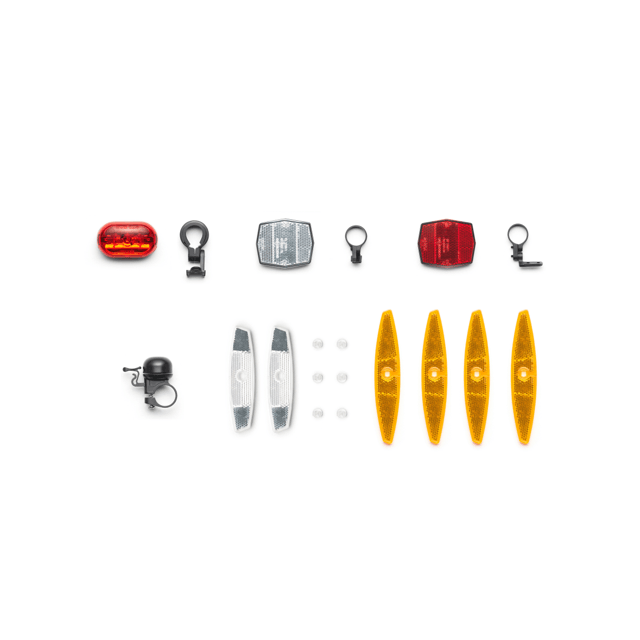 Kit d'accessoires de sécurité routière Amflow PX : comprend des feux de vélo (feux avant et arrière K-Mark/ISO/GB), une cloche, des réflecteurs de roue avant et arrière (4 en jaune, 2 vierges) et support de rétroviseur
