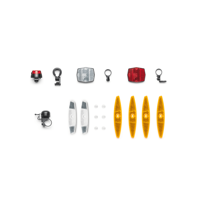 Amflow PR Road Safety Accessory Kit: Includes Bike Lights (K-Mark/ISO/GB front and rear lights), Bell, Front and Rear Wheel Reflectors (4 in yellow, 2 in white), and Mirror Mount