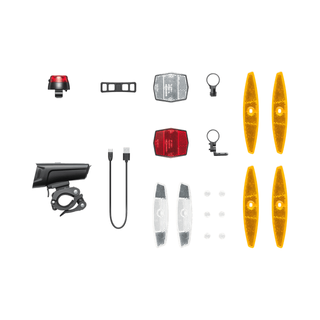 Amflow PL Road Safety Accessory Kit: Includes Bike Lights (K-Mark/ISO/GB front and rear lights), Bell, Front and Rear Wheel Reflectors (4 in yellow, 2 in white), and Mirror Mount
