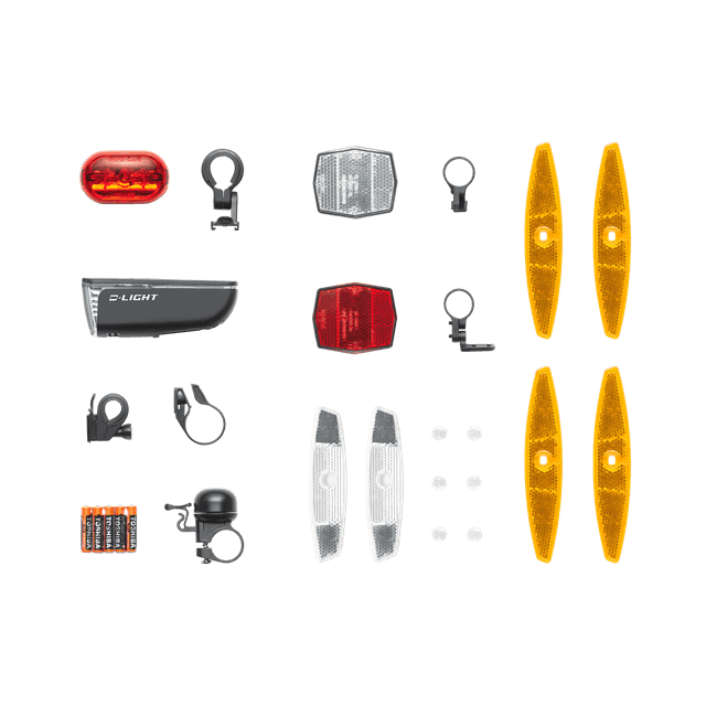 Kit de accesorios de seguridad en carretera Amflow PL: incluye luces de bicicleta (luces delantera y trasera K-Mark/ISO/GB), timbre, reflectores de ruedas delantera y trasera (4 en amarillo, 2 en blanco) y soporte de retrovisor